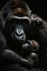 Obraz premium Evocative image of a gorilla mother holding her baby close, signifying maternal care and family bonds