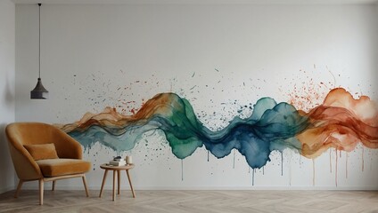 An expansive watercolor mural in vibrant colors splashed across a living space wall