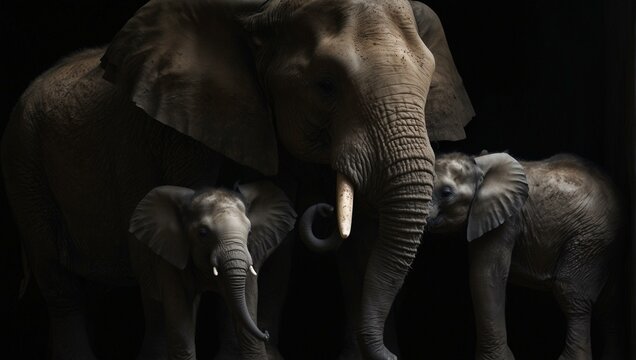 An emotional picture capturing a herd of elephants bonding in dramatic low key lighting