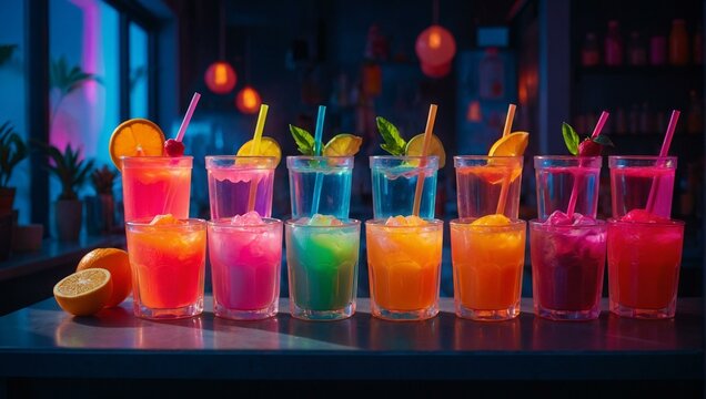 This image showcases a line-up of brightly colored cocktails, signifying joy and celebration