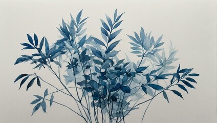 A beautiful monochromatic blue watercolor painting depicting a variety of plants with a serene vibe