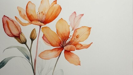 A beautiful watercolor painting depicting a close-up view of vibrant orange flowers with delicate petals