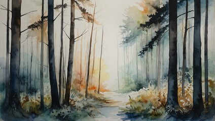 This watercolor landscape features a peaceful forest pathway amidst tall trees and warm autumnal foliage