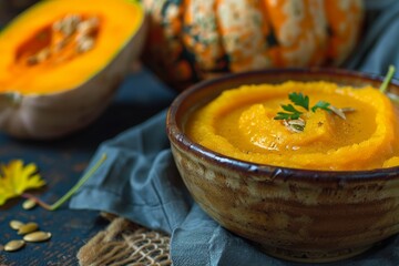 Organic pumpkin puree baked with butternut squash in a bowl