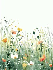 Blooming Minimalist Watercolor Meadow Landscape with Vibrant Floral Foliage and Soft Gentle Aesthetic
