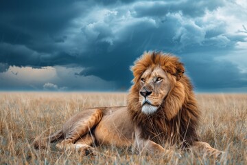Side view of a Lion walking, looking at the camera, Panthera Leo, A lioness, Panthera leo, sitting on top of a mound, on Savannah, Single lion looking regal standing proudly on a small hill. 	 - obrazy, fototapety, plakaty