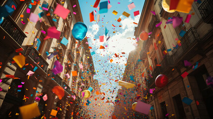 Naklejka premium background of confetti in the air celebration in the city.