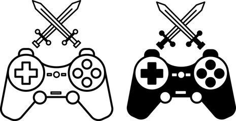 Arcade Game Icons. Black and White Vector Icons of Console and Crossed Swords. Computer Games Concept