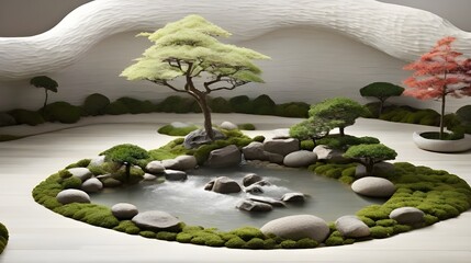 Minimalist Zen: A calm Japanese garden with carefully raked gravel and a lone bonsai plant, perfect for contemplation and meditation, is featured on an uncluttered wallpaper.