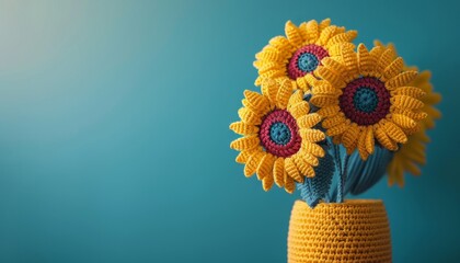 Handmade bouquet of bright crochet sunflowers in a vase