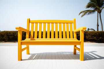 Yellow wooden bench with a decorative ornate and armrests Place on the rooftop and trees in the background. For sitting in parks and seaside beaches. Realistic clipart template pattern.