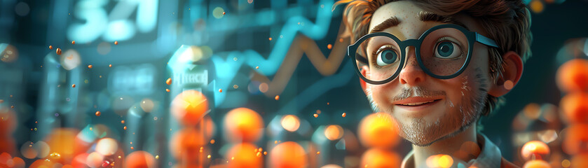 3D rendering of a young male scientist wearing glasses looking at a glowing orange particle system in front of him