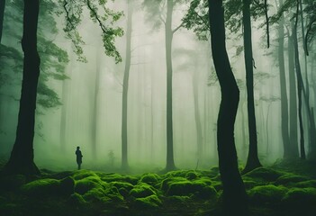 a person standing in the middle of a forest with a dark foggy background