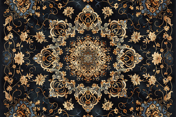Intricate floral mandala design with gold, blue, and beige tones on a black background