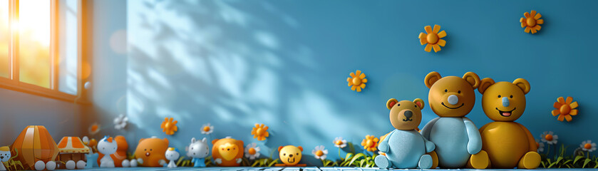 A 3D rendering of a blue wall with a white window and a yellow teddy bear family sitting in front of it. The teddy bears are smiling and there are flowers and vines growing around them.
