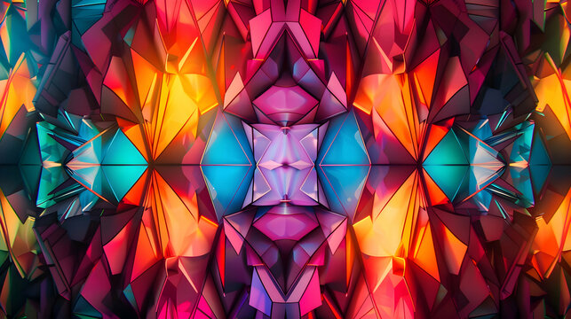 A photo-realistic depiction of a series of geometric shapes in a kaleidoscopic pattern, each segment glowing with intense, saturated colors, captured using precise camera techniques to highlight sharp