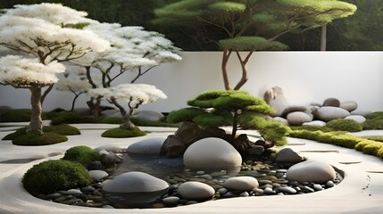 Minimalist Zen: A calm Japanese garden with carefully raked gravel and a lone bonsai plant, perfect for contemplation and meditation, is featured on an uncluttered wallpaper.