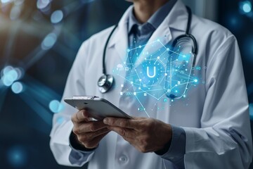 Doctor with tablet, glowing user interface, modern medical technologies concept