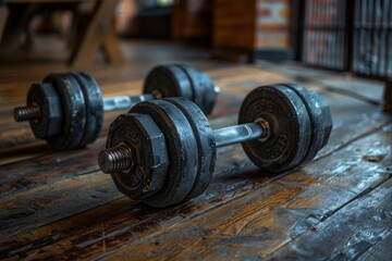 Dumbbells on floor, sport equipment in gym