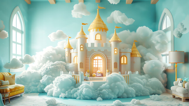 A beautiful cartoon castle made of white and gold with blue clouds all around it.