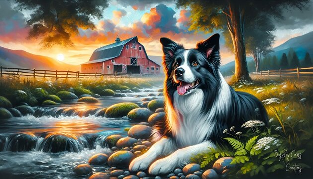 the painting depicts a dog sitting on rocks next to a stream