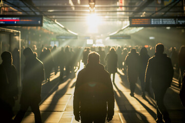 people in silhouette are on a walkway under the light of the setting sun