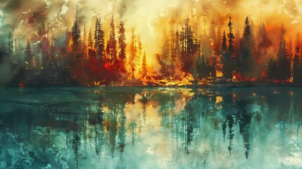 An artistic interpretation of a forest fire reflecting in a nearby lake