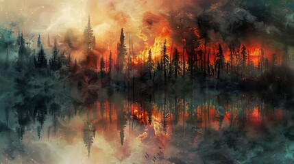 An artistic interpretation of a forest fire reflecting in a nearby lake