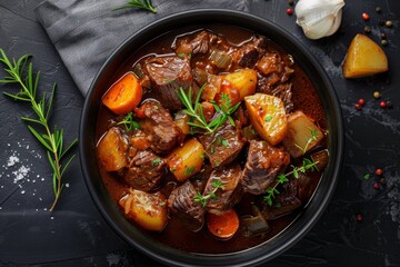 Overhead view of hearty beef stew in slow cooker