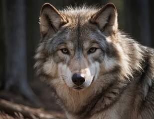 AI-generated illustration of a gray wolf in a forest looking at the camera