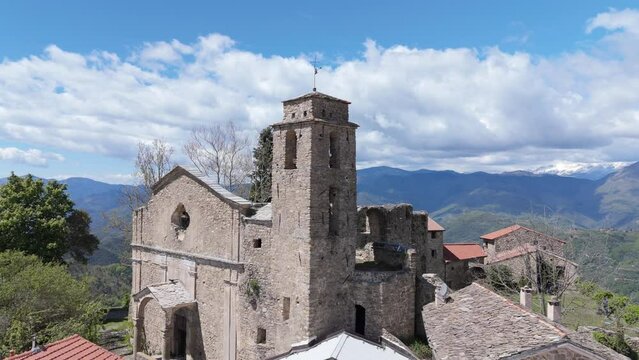 Bajardo Italy drone aerial video of a San Nicolo church old medieval town in the mountains