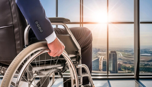 Extreme close-up of a businessman in wheelchair with hand on wheel and office interior on background. Man with disabilities at workplace, concept. Generative Ai. 