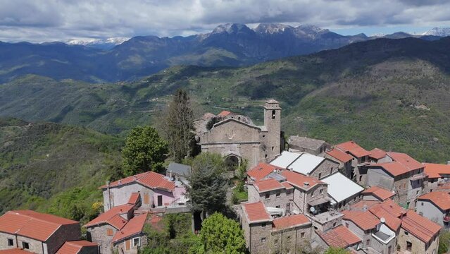 Bajardo Italy drone aerial video of a San Nicolo church old medieval town in the mountains