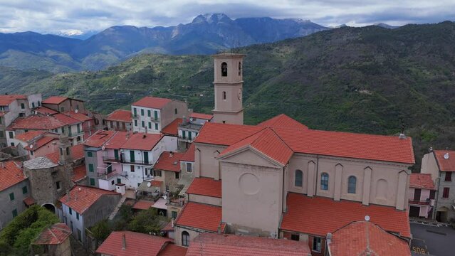 Bajardo Italy drone aerial video of a San Nicolo church old medieval town in the mountains