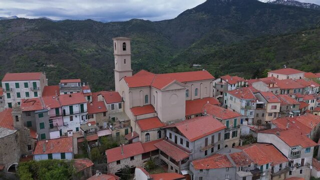 Bajardo Italy drone aerial video of a San Nicolo church old medieval town in the mountains