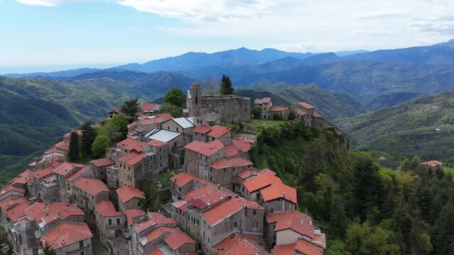 Bajardo Italy drone aerial video of a San Nicolo church old medieval town in the mountains