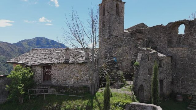 Bajardo Italy drone aerial video of a San Nicolo church old medieval town in the mountains