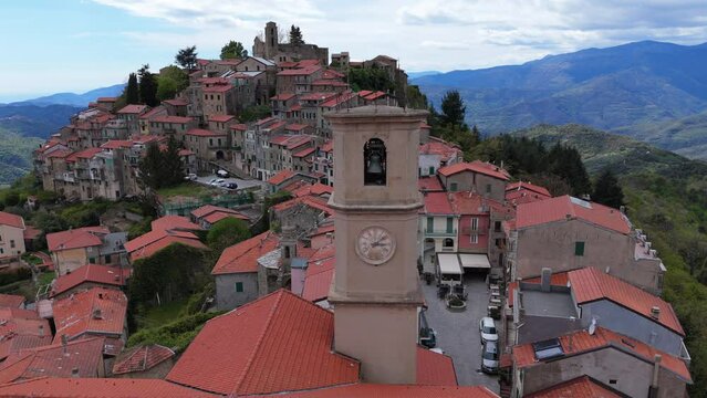 Bajardo Italy drone aerial video of a San Nicolo church old medieval town in the mountains