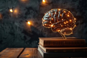 Glowing brain on a stack of books in the library, self education concept