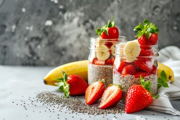 Overnight oats and chia pudding with fresh fruit in jars a healthy snack or breakfast option on a grey background