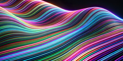 Vibrant,multi-coloured lines flow in a wavy pattern against a dark background,creating a sense of movement.The vibrant light streaks vary in thickness and intensity,dynamic and rhythmic.AI generated. - obrazy, fototapety, plakaty