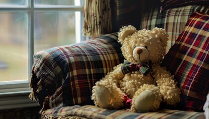 Plaid pillow on chair with toy bear in room
