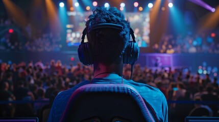 A man wearing headphones is sitting in a chair in front of a crowd