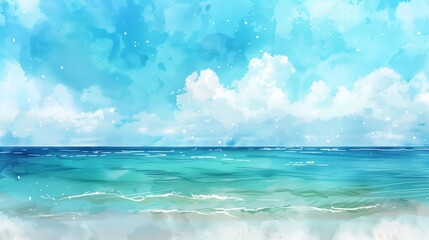 A painting of a blue ocean with a cloudy sky