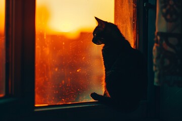 AI generated illustration of a cat perched on a windowsill in front of a pane of glass