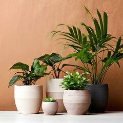 Obraz premium plant in pots with background concept blank space pottery planters stylish containers,ndoor potted plants in various shaped pots on grey background. Plant styling concept with,generate ai