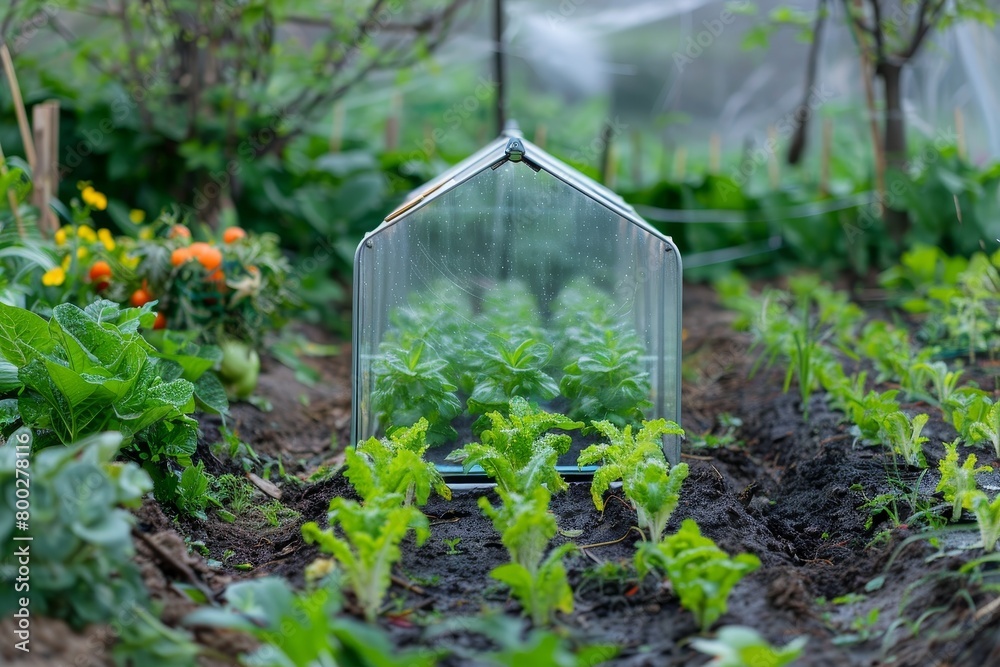 Wall mural plastic mini greenhouse in garden used for growing vegetable seedlings at home in early spring for p