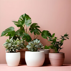 Obraz premium plant in pots with background concept blank space pottery planters stylish containers,ndoor potted plants in various shaped pots on grey background. Plant styling concept with,generate ai