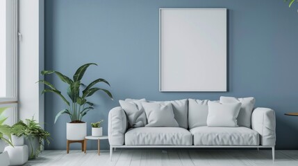 A simple living room with blue walls, white floor and sofa. A large blank picture frame is hanging on the wall