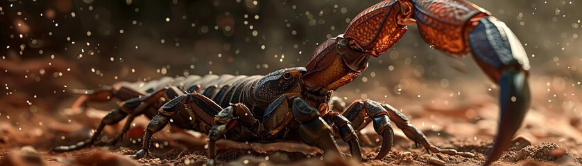 A tensionfilled closeup of a scorpion s tail poised to strike, harsh lighting emphasizing the glossy exoskeleton, sharp focus, contrasting colors, unsettling and dramatic